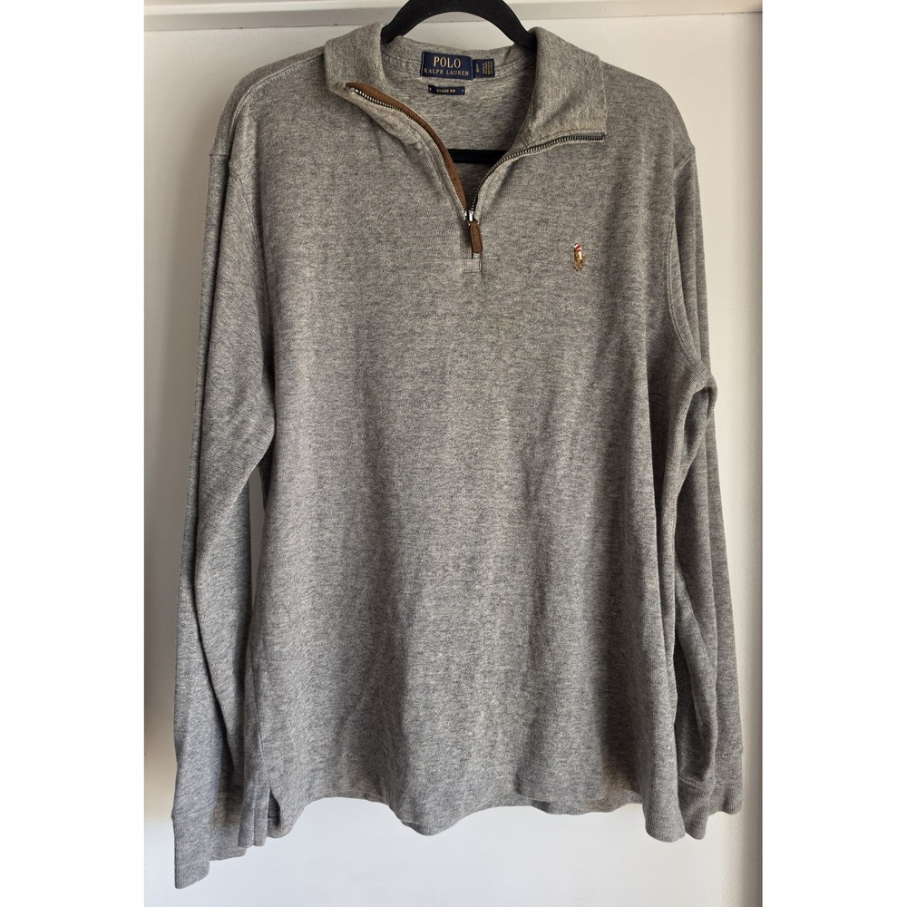 Polo Ralph Lauren Men Sweater L Grey Solid Cotton Pullover Collared Knit Top